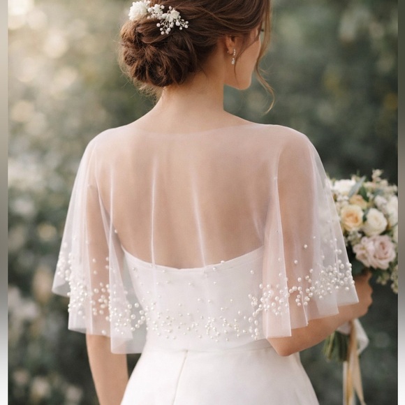 Anthropologie Accessories - Bridal Sheer Shawl wedding cape pearl rhinestone bling detail
